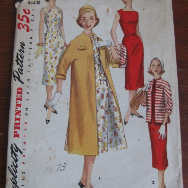 One piece dress and coat in two lengths size 12 bust 30  Simplicity 1473 sewing pattern 1955