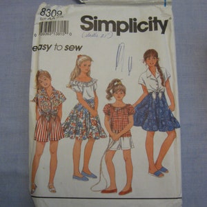 Simplicity 8309 Girls Shorts, Top, Shirt Sizes 7, 8, 10 Breast 26, 27, 28 1/2 Inches Skirt cut to 7 Sewing Pattern 1993