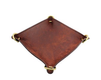 Bandeja organizadora de cuero italiano hecha a mano, personalizable, color marrón y negro.