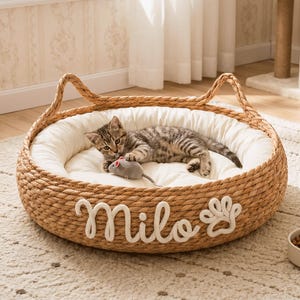 Personalisiertes Katzenbett, individuell gestaltbares Katzenbett aus Chenille mit Namen, Geschenk für Katzenmama, Aufbewahrungskorb für Haustierspielzeug, Geschenk für Kätzchen