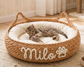 Gepersonaliseerd kattenbed, kattenbed van chenille met naam, cadeau voor kattenmoeder, opbergmand voor huisdierenspeelgoed, cadeau voor kittens