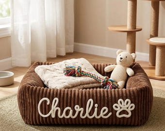 Custom Chenille Name Dog Bed, Personalized Corduroy Pet Bed, Dog Mom Gift, Pet Sofa, Pet Lover Gift