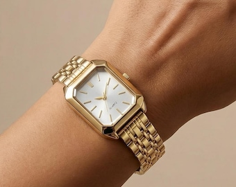 Rectangular Gold Watch for Women, Minimalist Vintage Style Quartz Dress Watch, Elegant Everyday Jewelry Gift
