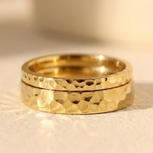 14K Gold Plated Hammered Ring, Dainty Minimalist Stacking Band, Thin Everyday Jewelry Gift for Her