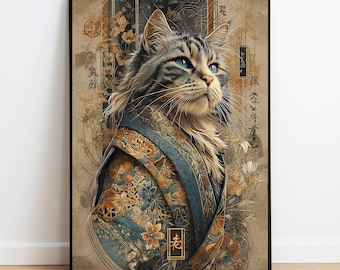 Muurdecoratie met katten-samuraimotief, Japanse kattenprint, elegante woondecoratie, dierenkunst, blauw-gouden kleuren, uniek cadeau-idee (digitale download)