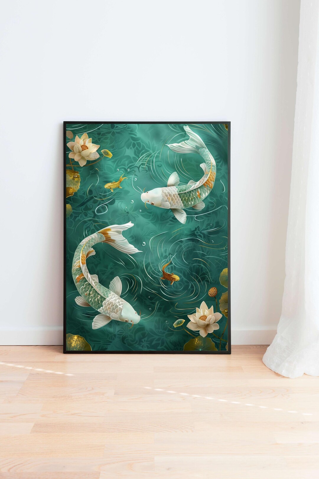 Japanese Koi Fish Pond Art Print, Teal Lotus Zen Decor (digital ...