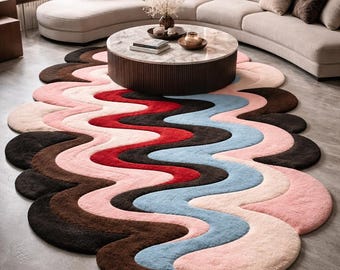 Hand Tufted Wool Wavy Rug, Abstract Colorful Area Rug