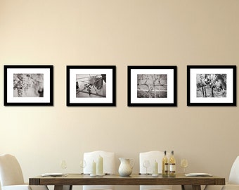 Set of 4 Black and White Vineyard Winery Photography Prints Wine Art Print Kitchen Dining Room Bar Wall Art Modern Prints Grapevines Seasons