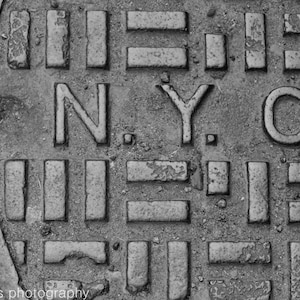 Black and White NYC New York City Manhole Sewer Cover Sign Art Print Photography Urban Industrial Modern Home Decor Wall Art