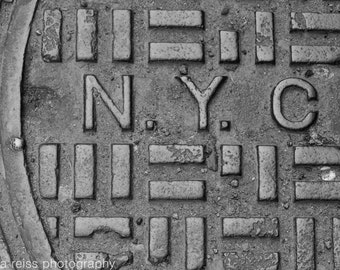 Black and White NYC New York City Manhole Sewer Cover Sign Art Print Photography Urban Industrial Modern Home Decor Wall Art