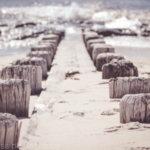 Pali di fondazione di Cottage Beach Art Print Decor spiaggia fotografia Jersey Shore oceano spiaggia Chic moderno rustico Shabby petriccione legno blu Beige chiaro
