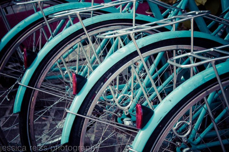 Teal Turquoise Bicycle Bikes Art Print Photograph Bicycle Lover Gift Modern Aqua Home Decor Wall Art Bike Wheels New York City Photograph image 1