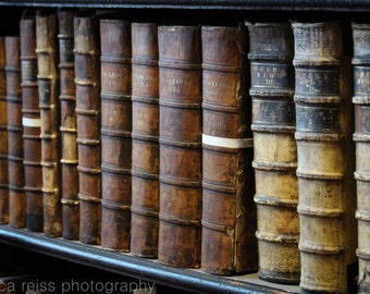 Vintage Photo Antique Old Leather Bound Books Photography Art Print Trinity College Library Long Room Dublin Ireland Rustic Home Decor