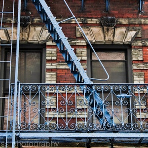 NYC Photography, Rustic Industrial Home Decor, Blue Fire Escape Art Print, Architecture Print, New York Art Print, NY Buildings