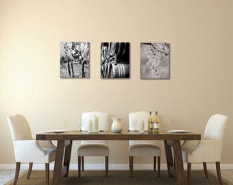 Set of 3 Gallery Wrap Canvas Black and White Wine Photography Napa Sonoma Ready to Hang Home Decor Dining Room Rustic Wine Lovers Wall Art