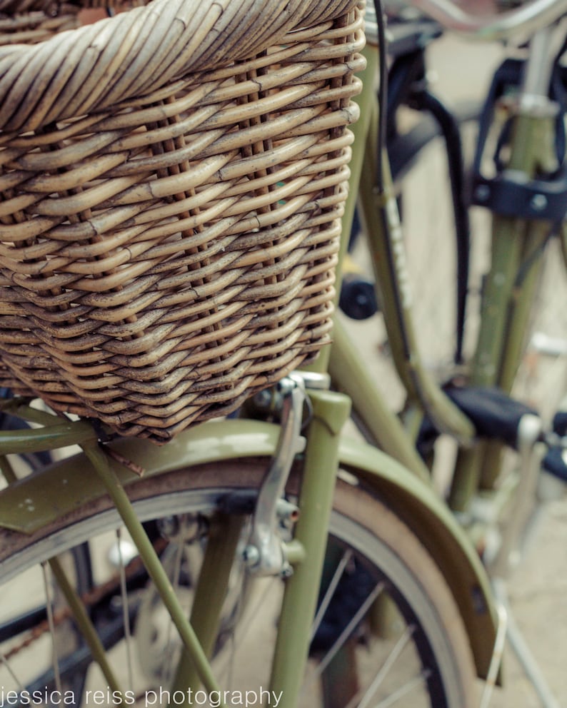 Olive Green Bike Wicker Basket Art Print Bicycle Photography Etsy