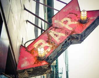 Red Bar Sign Art Print Bar Decor Photograph Vintage Rustic Industrial Home Decor Large Wall Art Print, New York City Art Print Photo NYC