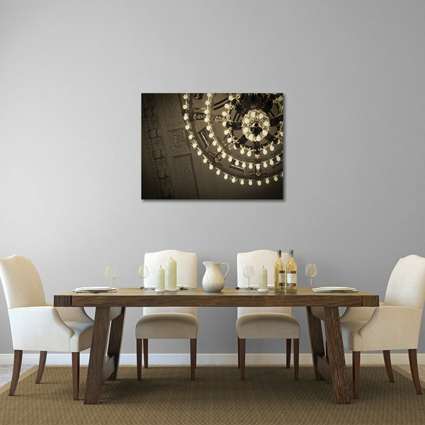 Sepia Grand Central Chandelier Gallery Wrap Canvas Ready to Hang Large Wall Art Grand Chandelier Photography Home Decor Dining Living Room