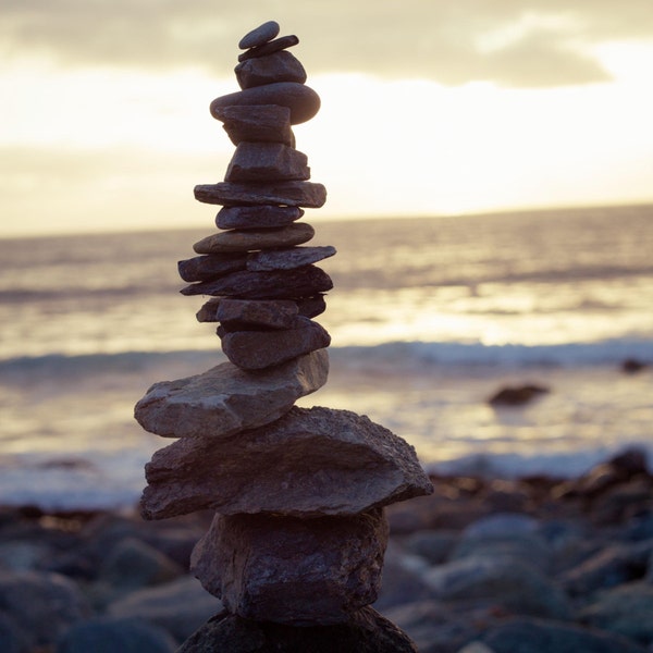 Rock Pile Zen Spa Art Print Ocean Rocks Waves Photography Calming Serene Modern Home Decor Bedroom Bathroom Living Room Wall Art Dark Grey