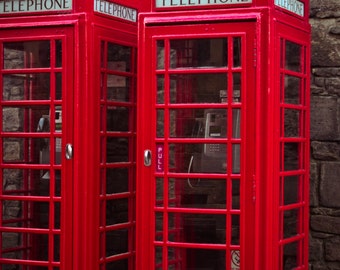 European Old Vintage Red Telephone Booths Edinburgh Scotland Street Art Print Photography Red Rustic Industrial Home Decor