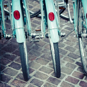 Teal Turquoise Aqua Bike Wheels Art Print New York City Cobblestone Street Photography NYC Bicycles Home Decor