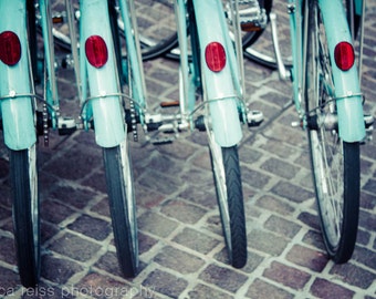 Teal Turquoise Aqua Bike Wheels Art Print New York City Cobblestone Street Photography NYC Bicycles Home Decor
