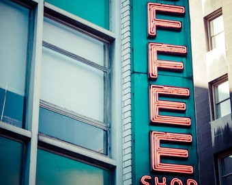 Vintage Retro Neon Coffee Shop Sign Art Print Photography New York City Union Square Home Decor Wall Art Teal Turquoise Decor