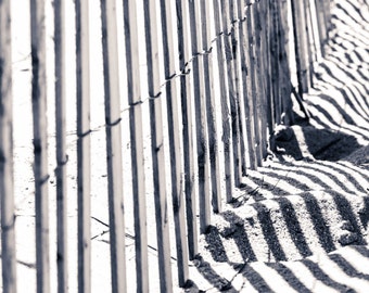 Abstract Beach Fence Photography Art Print, Black and White Cottage Beach Decor, Modern Rustic Industrial Home Decor, Jersey Shore