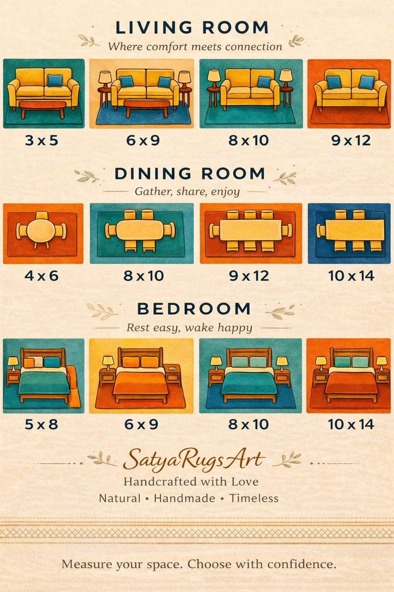 Pu&ograve; includere: Illustrazione delle dimensioni dei tappeti per soggiorno, sala da pranzo e camera da letto. L'immagine presenta layout di mobili con dimensioni dei tappeti in centimetri, come 91cm x 152cm, 182cm x 274cm e 243cm x 304cm. Il testo include "Satya Rugs Art" e "Handcrafted with Love."