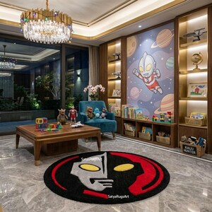Pu&ograve; includere: Una sala giochi per bambini con un tappeto rotondo con un design di personaggi dei cartoni animati. La stanza comprende una poltrona blu, scaffali in legno con giocattoli e libri e un grande murale di pianeti e un supereroe. Il tappeto ha il testo "SatyaRugsArt".