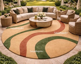 Tappeto rotondo astratto trapuntato a mano, tappeto moderno beige-verde terracotta, tappeto circolare di lusso, tappeto contemporaneo per soggiorno
