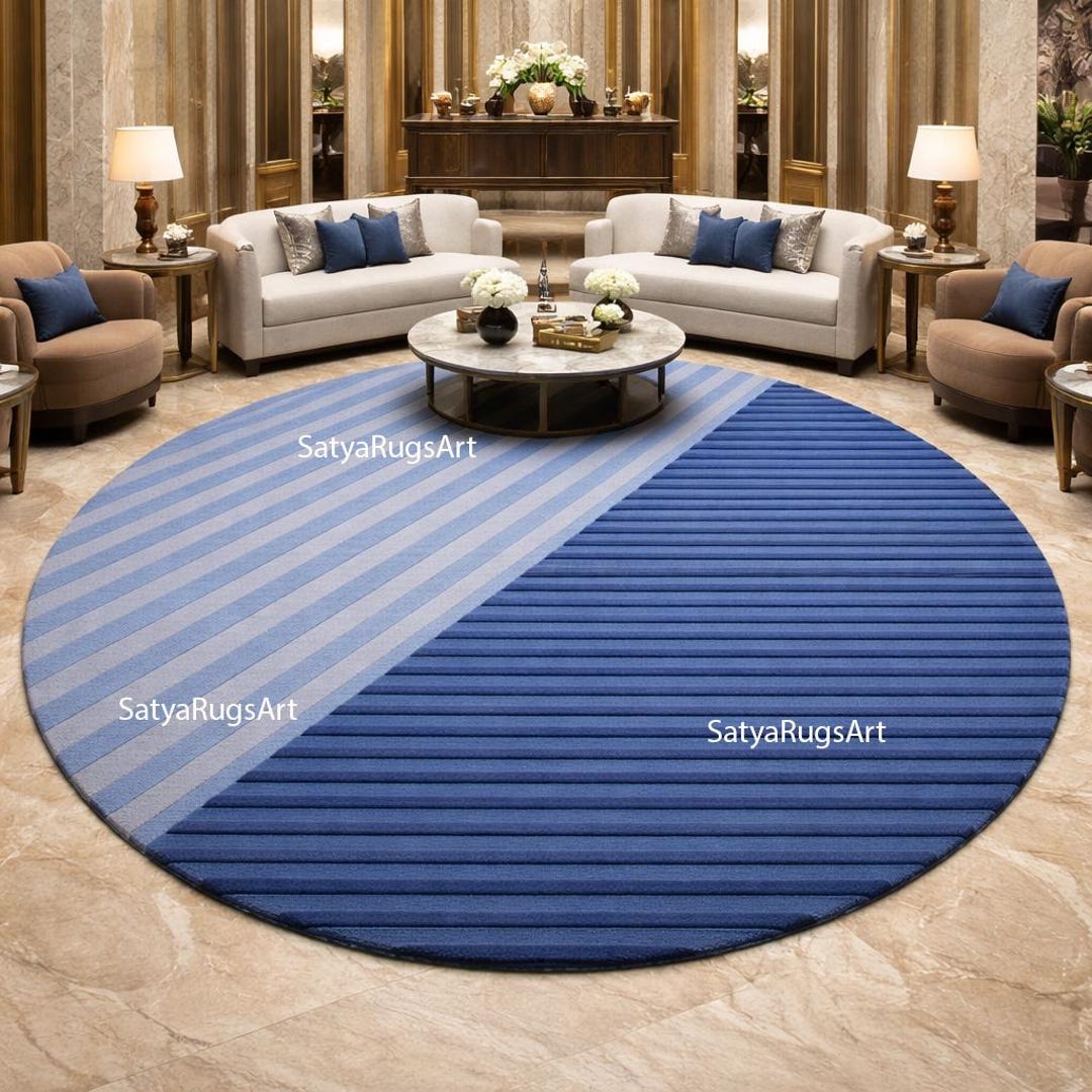 Round Blue Striped Rug, Hand Tufted Contemporary Carpet, Modern Living ...