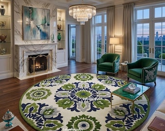 Tappeto rotondo floreale trapuntato a mano, tappeto verde e blu, tappeto rotondo boho, tappeto moderno in lana, tappeto per soggiorno, tappeto da pavimento trapuntato fatto a mano