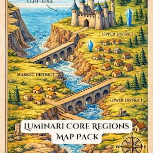 May include: A detailed map titled "Luminari Kingdom" depicts a fantasy landscape with a castle, bridges, and villages. The map includes the text "Luminari Core Regions Map Pack" and a compass rose. The colour palette includes blues, greens, and browns.