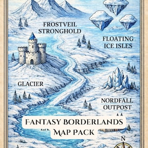 May include: A fantasy map pack titled "Tundra Lands" with a detailed illustration of a snowy landscape. Features include a castle, floating ice isles, a glacier, and a compass. The map is bordered with an ornate frame.
