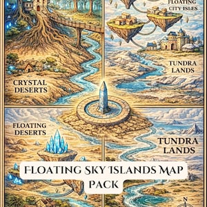 May include: A fantasy map illustration featuring four quadrants with different landscapes: a kingdom, floating islands, deserts, and tundra. The map includes text that reads "Floating Sky Islands Map Pack". A compass rose is in the lower right corner.