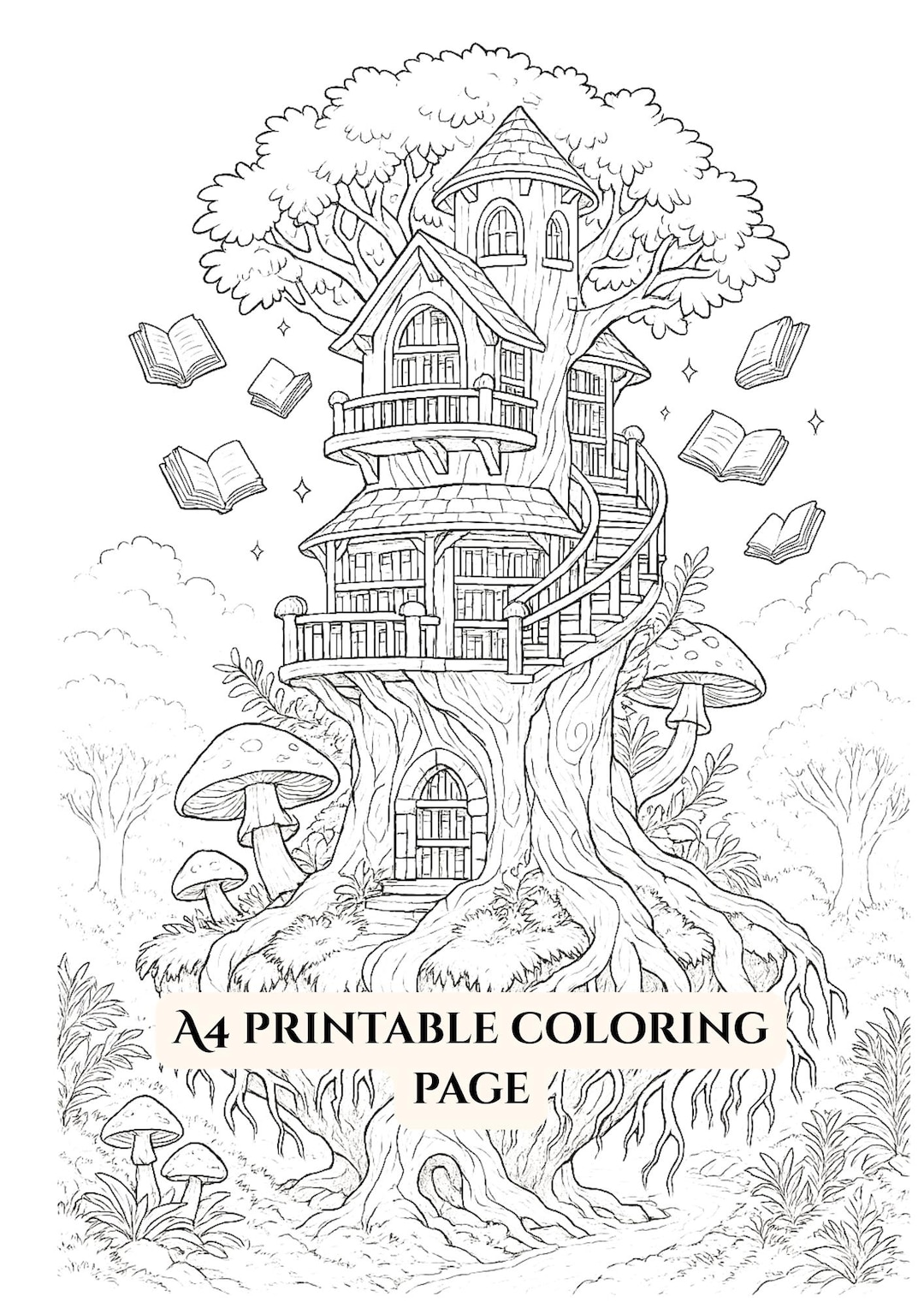 Fantasy Tree Library Coloring Page | A4 Line Art (PDF Download) - Etsy