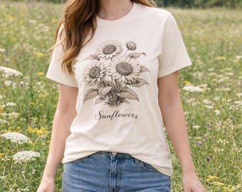 Camiseta vintage con girasoles / Camisa con estampado floral botánico