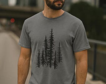 Kiefernwald Silhouette T-Shirt, immergrüner Baum Grafik-T-Shirt | Natur Wald Design