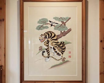 Impresión artística de tigre y urraca coreanos / Pintura popular Minhwa (Descarga digital)