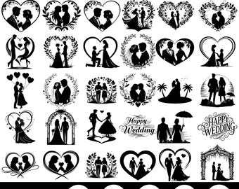 Pacchetto SVG per coppie di sposi, silhouette a cuore, download digitale, sposi, sposati, clipart di matrimonio, silhouette, vettore di matrimonio, amanti SVG