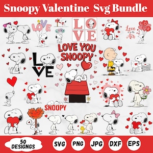 May include: A digital art bundle featuring Snoopy-themed Valentine's Day designs. The collection includes various Snoopy illustrations with hearts, the words "Love," and "Love You Snoopy." The bundle contains 50 designs in SVG, PNG, JPG, DXF, and EPS formats.