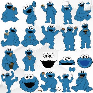 Op de afbeelding: Een verzameling blauwe cartoonillustraties, elk met het Koekiemonster in verschillende poses. Sommigen houden koekjes vast, anderen borden of ballonnen. De grote ogen en mond van het personage zijn prominent aanwezig.