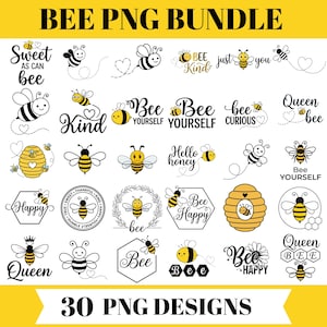 Puede incluir: Una colección digital de 30 diseños PNG con temática de abejas que presenta ilustraciones en negro y amarillo de abejas, panales y coronas florales. Los gráficos incluyen varias tipografías como Bee Kind, Queen Bee y Hello Honey.