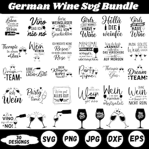 Op de afbeelding: Een zwart-wit Duitse wijn SVG-bundel met 30 ontwerpen. De ontwerpen omvatten wijnglazen, zinnen als "Girls just wanna have wine" en de woorden "Dream Team."