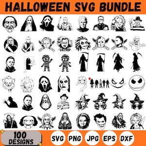 Puede incluir: Una colección digital de 100 diseños gráficos en blanco y negro con temática de Halloween que incluye varios personajes de películas de terror, fantasmas, brujas y calaveras. El texto HALLOWEEN SVG BUNDLE y 100 DESIGNS SVG PNG JPG EPS DXF aparecen.