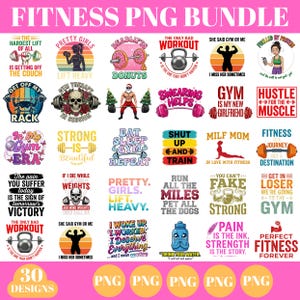 Puede incluir: Una colección digital de 30 diseños gráficos con temática de fitness que incluye varias ilustraciones de equipos de gimnasio, pesas y eslóganes motivacionales. El paquete contiene tipografía colorida e iconos relacionados con el levantamiento de pesas.