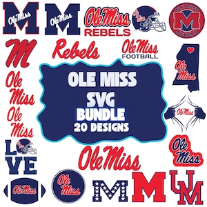 May include: A collection of 20 Ole Miss SVG designs in red, white, and navy blue. The designs include the Ole Miss logo, the word "Rebels", a football helmet, and the outline of the state of Mississippi with a heart.