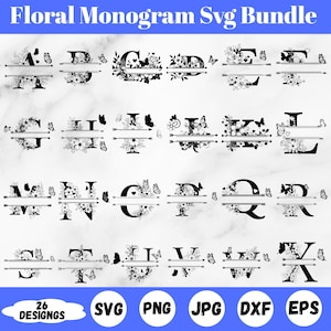 May include: A digital SVG bundle with 26 floral monogram designs. Each letter is adorned with flowers and butterflies, with a horizontal bar for customisation. Includes SVG, PNG, JPG, DXF, and EPS file formats.