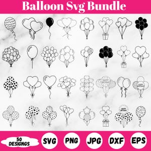 Może przedstawiać: Zestaw 50 wzorów balonów w formatach SVG, PNG, JPG, DXF i EPS. Czarno-białe ilustracje przedstawiają różne style balonów, w tym w kształcie serca i w kropki, idealne do projektów rzemieślniczych.